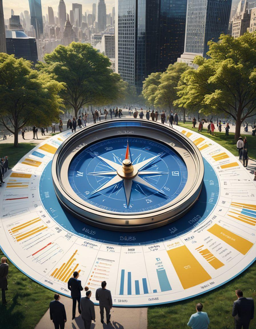 A detailed compass overlaying a backdrop of a bustling city skyline, symbolizing guidance through financial navigation. Include diverse people discussing fiscal strategies in a park setting, surrounded by charts and financial documents. Integrate elements like bills and calculators emerging from the ground, representing national debt. The color palette should evoke a sense of urgency with deep blues and contrasting bright yellows. super-realistic. vibrant colors.