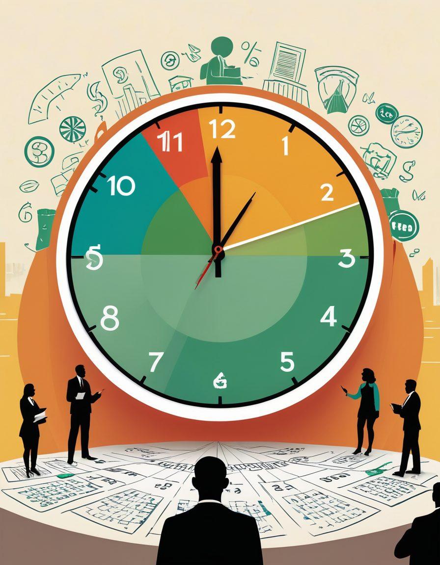 A conceptual illustration featuring a large clock with dollar signs as numbers, symbolizing the urgency of understanding debt. In the background, a diverse group of people of various ages and ethnicities engaged in discussion around financial literacy materials, with graphs and charts showing national debt awareness. The setting should convey a blend of urgency and education, incorporating elements like calculators and books. vibrant colors. flat design.