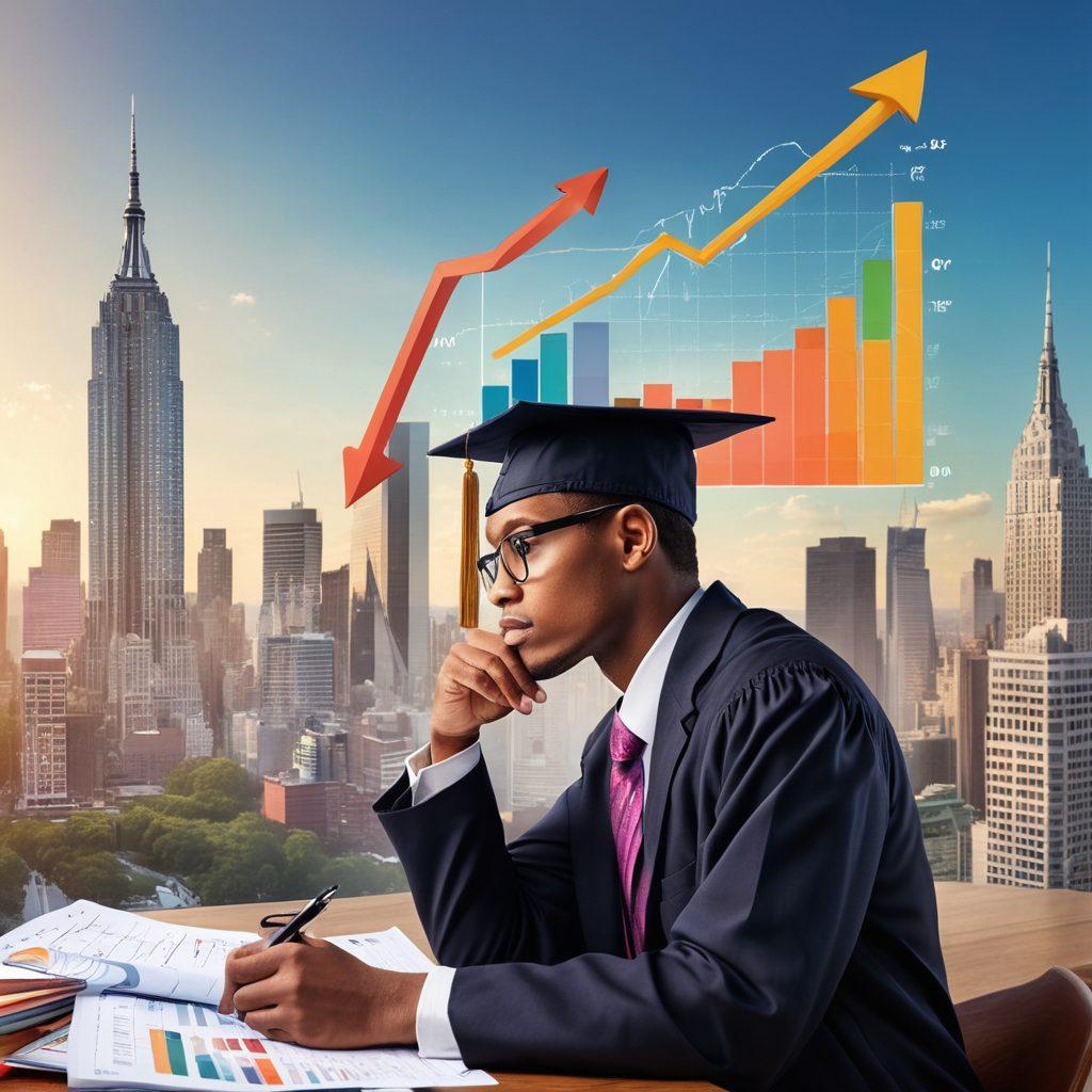 A split image showcasing a confident individual analyzing financial charts on one side, and a stack of clear, labeled debts on the other side, symbolizing the importance of debt monitoring. In the background, vibrant cityscapes suggest a bustling economy, with growth arrows illustrating financial literacy advancements. Incorporate elements like calculators, books, and graduation caps to represent education. super-realistic. vibrant colors. dynamic composition.